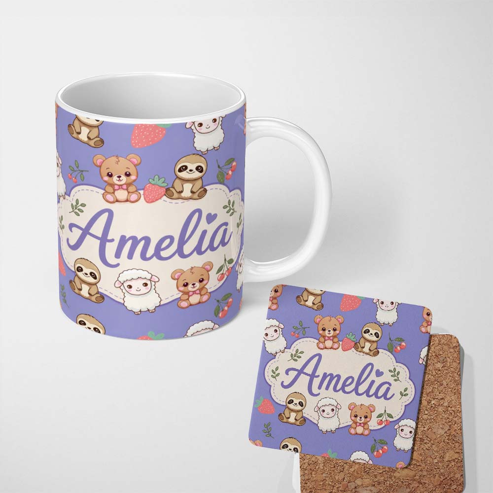 Personalized Custom Name Cute Baby Animals Bear Sheep Sloth Strawberry Cherry Purple Lovely 11oz Ceramic Coffee Tea Mug White Large Handle