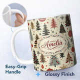 Personalized Custom Name Modern Christmas Trees Minimal Black Gold Red Holiday Seamless 11oz Ceramic Coffee Tea Mug White Large Handle