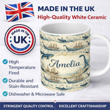 Personalized Custom Name Watercolour Whale Seamless Pattern Soft Ocean Marine Animal Design 11oz Ceramic Coffee Tea Mug White Large Handle