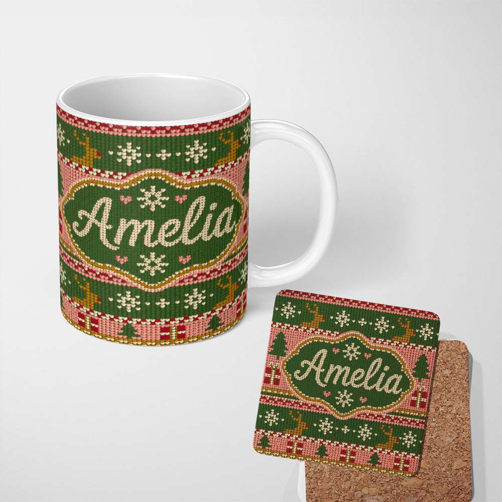 Personalized Custom Name Cute Reindeer Gift Box Nordic Knit Seamless Pattern Cute Unique Gift 11oz Ceramic Coffee Tea Mug White Large Handle