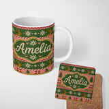 Personalized Custom Name Cute Reindeer Gift Box Nordic Knit Seamless Pattern Cute Unique Gift 11oz Ceramic Coffee Tea Mug White Large Handle
