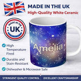 Personalized Custom Name Blue Snowflake Bokeh Winter Seamless Pattern Design Soft Glow Lovely 11oz Ceramic Coffee Tea Mug White Large Handle