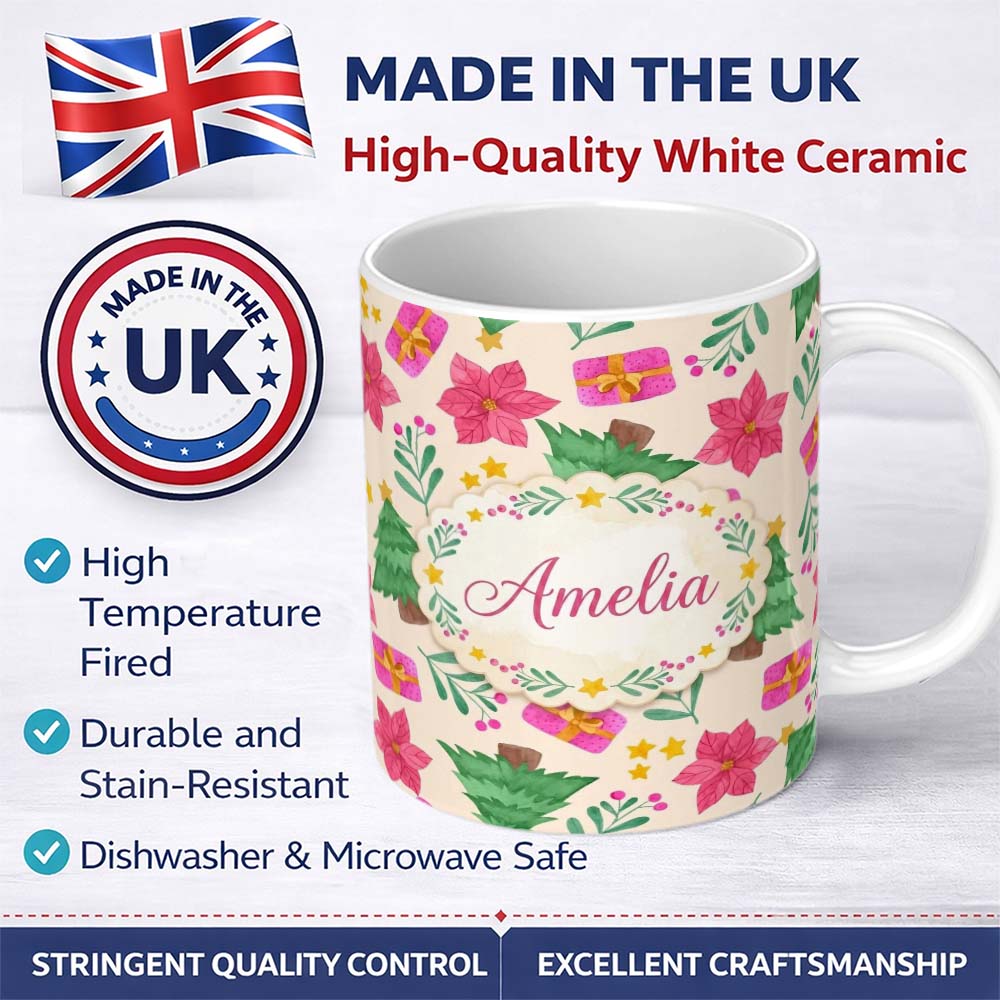 Personalized Custom Name Watercolor Christmas Poinsettia Gift Seamless Pattern Lovely 11oz Ceramic Coffee Tea Mug White Large Handle