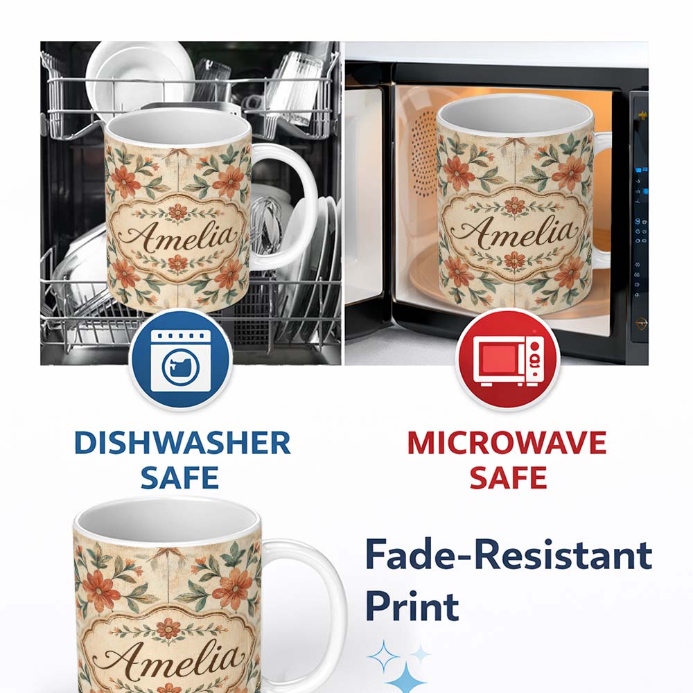 Personalized Custom Name Vintage Tile Style Floral Motif Soft Neutral Seamless Pattern Lovely 11oz Ceramic Coffee Tea Mug White Large Handle