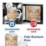 Personalized Custom Name Vintage Tile Style Floral Motif Soft Neutral Seamless Pattern Lovely 11oz Ceramic Coffee Tea Mug White Large Handle