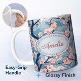 Personalized Custom Name Japanese Cherry Blossom Tree Branches with Cloud Background Artistic 11oz Ceramic Coffee Tea Mug White Large Handle