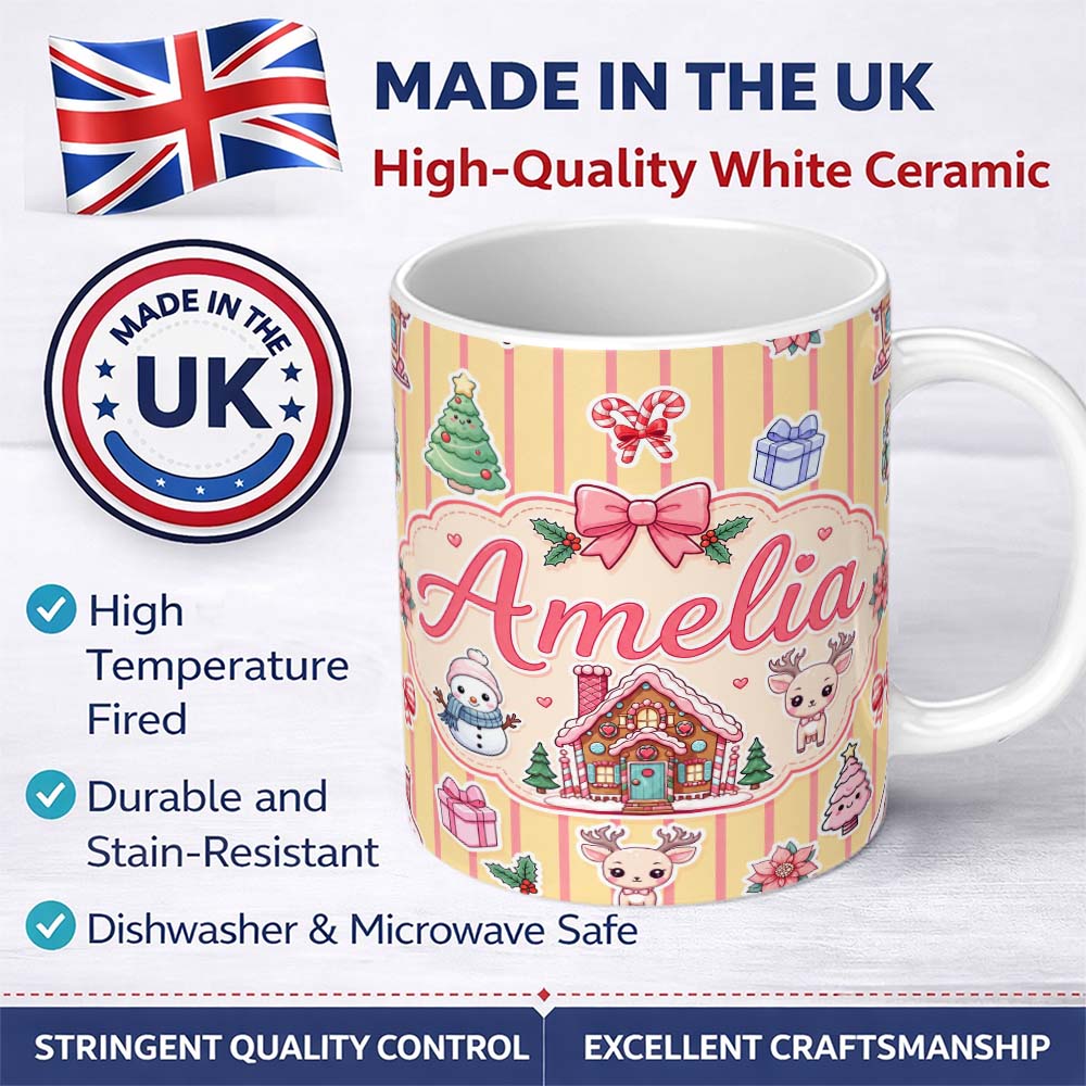 Personalized Custom Name Cute Christmas Festive Stickers Gingerbread House Tree Yellow Stripe 11oz Ceramic Coffee Tea Mug White Large Handle