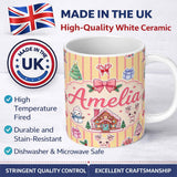 Personalized Custom Name Cute Christmas Festive Stickers Gingerbread House Tree Yellow Stripe 11oz Ceramic Coffee Tea Mug White Large Handle