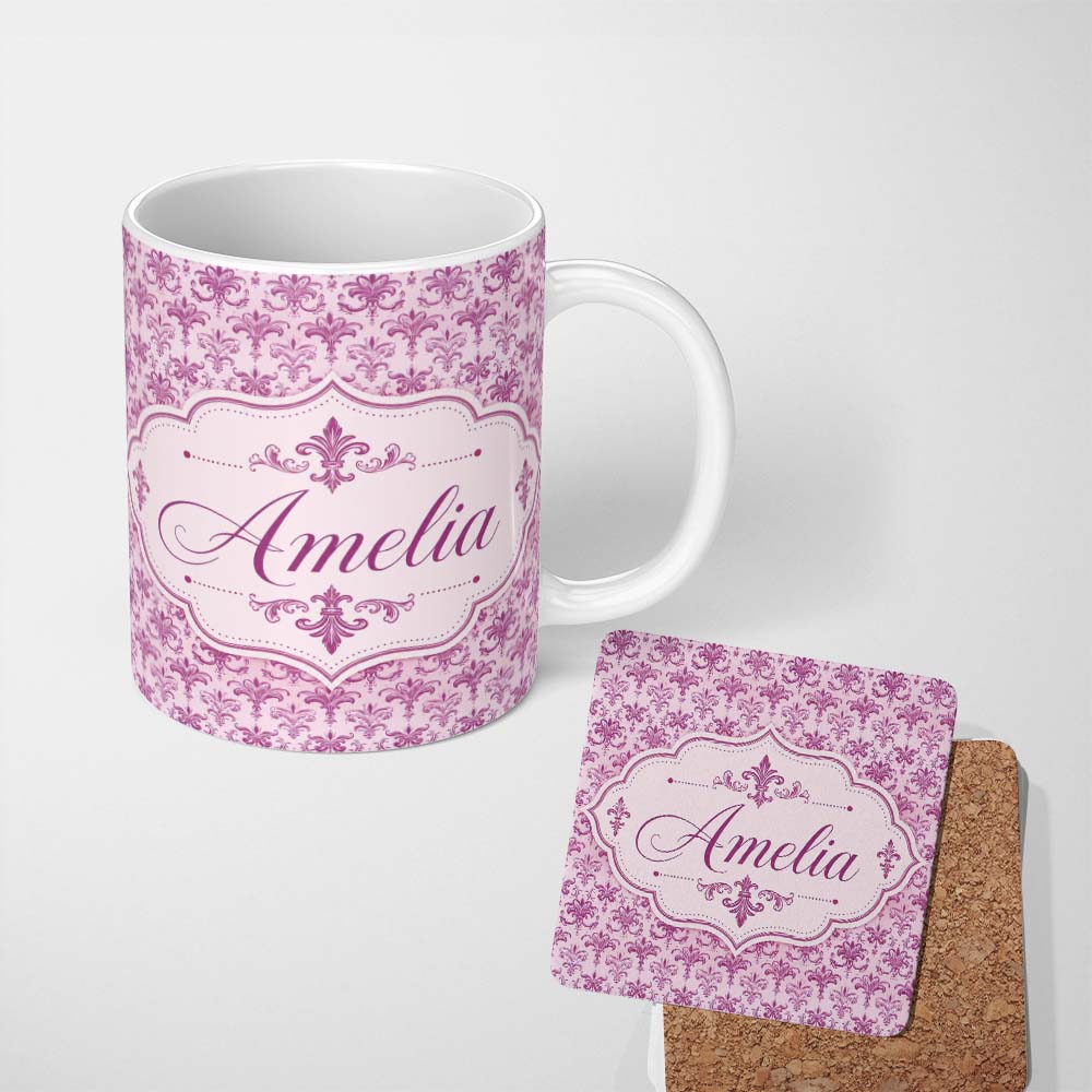 Personalized Custom Name Bold Purple Fleur De Lis Damask Pattern Classic Repeat Name Cute 11oz Ceramic Coffee Tea Mug White Large Handle