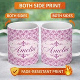 Personalized Custom Name Bold Purple Fleur De Lis Damask Pattern Classic Repeat Name Cute 11oz Ceramic Coffee Tea Mug White Large Handle
