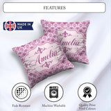Custom Name Bold Purple Fleur De Lis Damask Pattern Classic Name Square Filled Cushion Throw Pillow Sofa Bed Home Decor Zip Washable UK Made