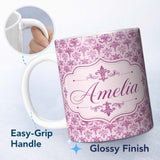 Personalized Custom Name Bold Purple Fleur De Lis Damask Pattern Classic Repeat Name Cute 11oz Ceramic Coffee Tea Mug White Large Handle