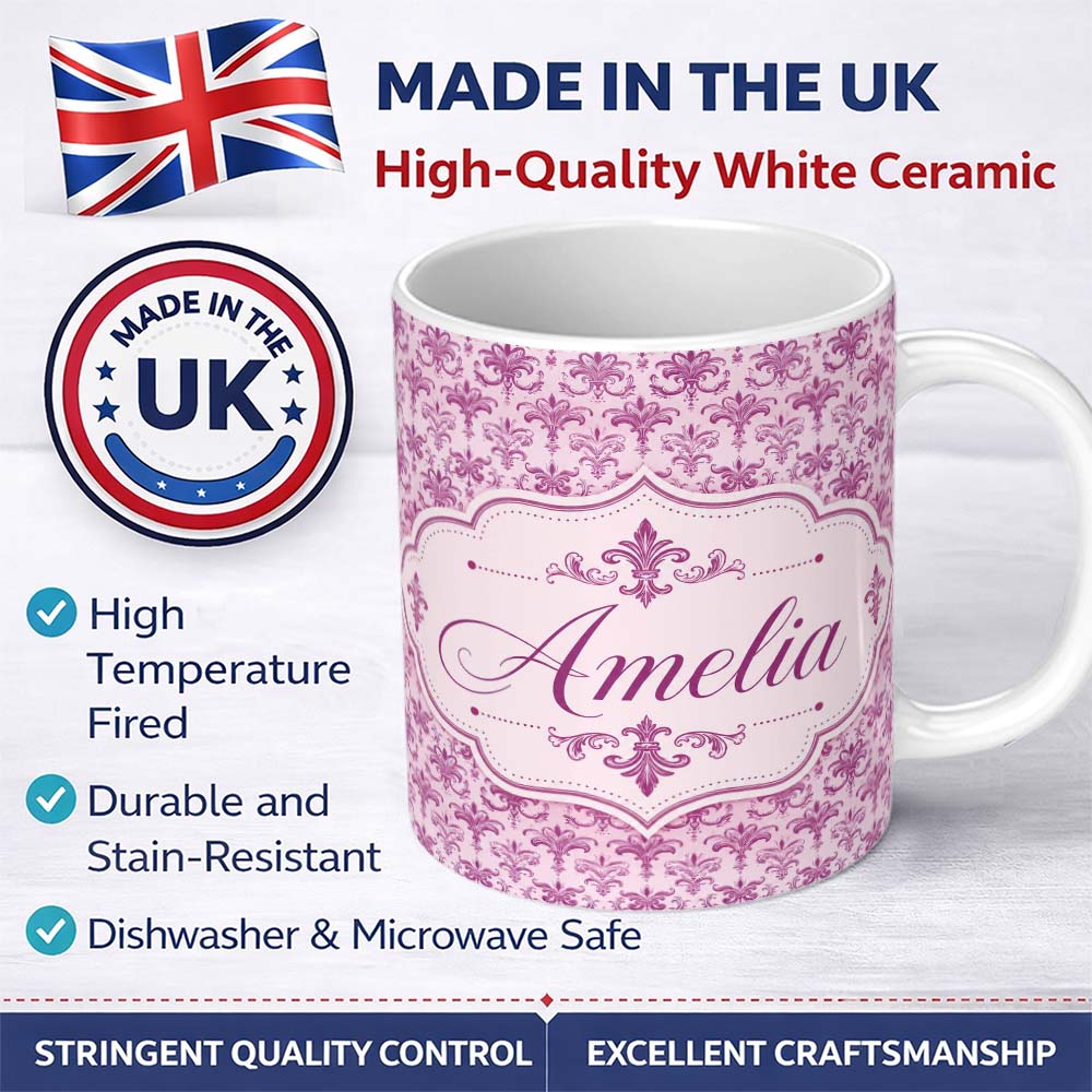 Personalized Custom Name Bold Purple Fleur De Lis Damask Pattern Classic Repeat Name Cute 11oz Ceramic Coffee Tea Mug White Large Handle
