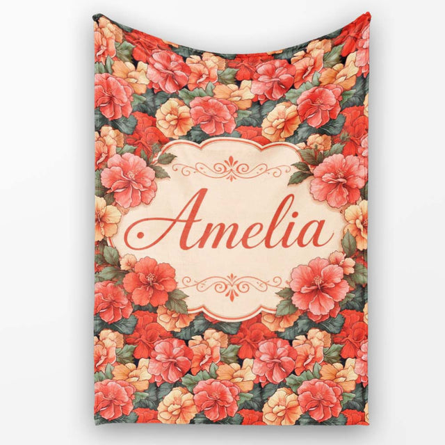 Vibrant Coral Hibiscus Floral Seamless Pattern Tropical Garden  Personalised Custom Name Super Soft Fleece Blanket Bed Sofa Throw