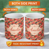 Personalized Custom Name Vibrant Coral Hibiscus Floral Seamless Pattern Tropical Garden 11oz Ceramic Coffee Tea Mug White Large Handle