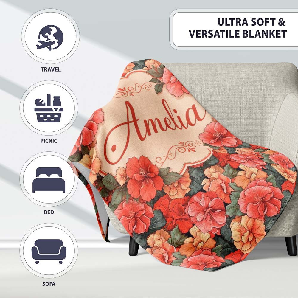 Vibrant Coral Hibiscus Floral Seamless Pattern Tropical Garden  Personalised Custom Name Super Soft Fleece Blanket Bed Sofa Throw