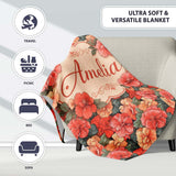 Vibrant Coral Hibiscus Floral Seamless Pattern Tropical Garden  Personalised Custom Name Super Soft Fleece Blanket Bed Sofa Throw