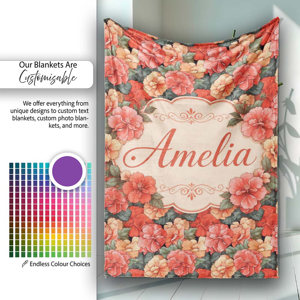 Vibrant Coral Hibiscus Floral Seamless Pattern Tropical Garden  Personalised Custom Name Super Soft Fleece Blanket Bed Sofa Throw