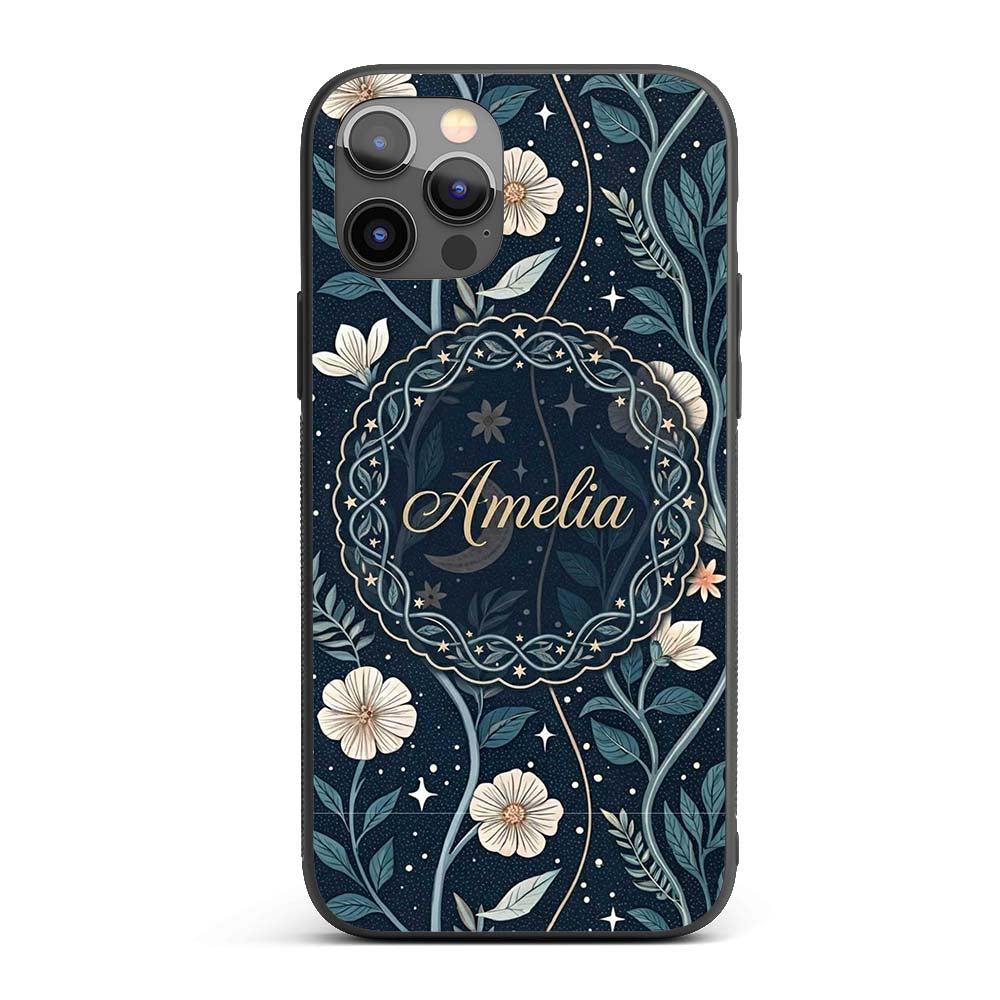 Floral Moon Stars Night Sky Botanical Garden Custom Name Protective Phone Case Mobile Cover Durable Everyday Smartphone Shock Resistant