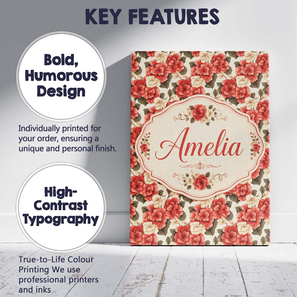 Personalised Name Soft Cream Coral Hibiscus Custom  Bespoke Interior Contemporary Canvas Wall Art Print Decor Picture Ready to Hang