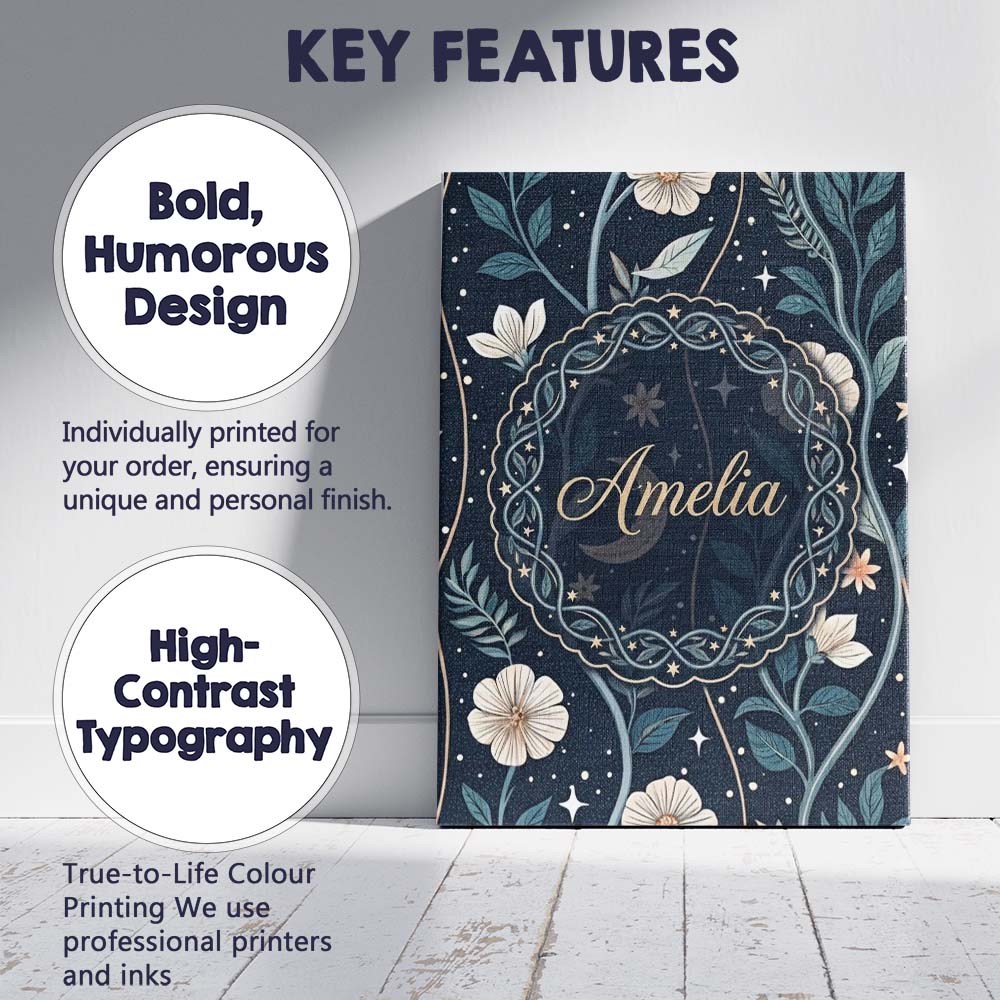 Personalised Name Floral Moon Stars Night Sky Botanical Garden Custom Modern Room Accent Canvas Wall Art Print Decor Picture Ready to Hang