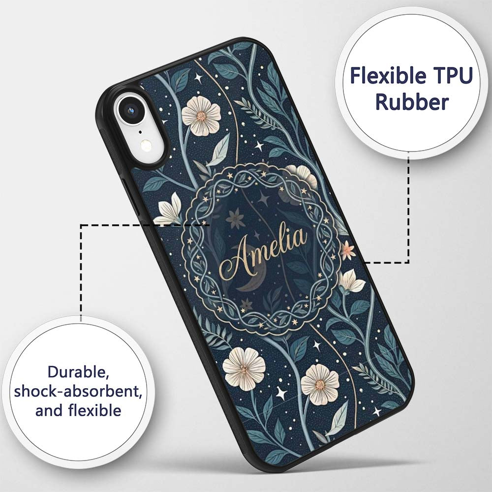 Floral Moon Stars Night Sky Botanical Garden Custom Name Protective Phone Case Mobile Cover Durable Everyday Smartphone Shock Resistant