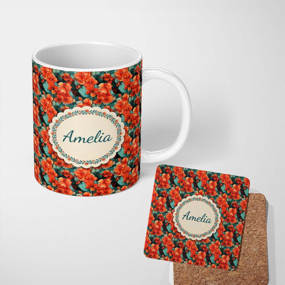 Personalized Custom Name Bold Orange Hibiscus Floral Seamless Pattern Teal Leaf Tropical 11oz Ceramic Coffee Tea Mug White Large Handle