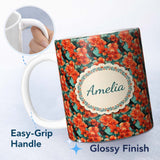 Personalized Custom Name Bold Orange Hibiscus Floral Seamless Pattern Teal Leaf Tropical 11oz Ceramic Coffee Tea Mug White Large Handle