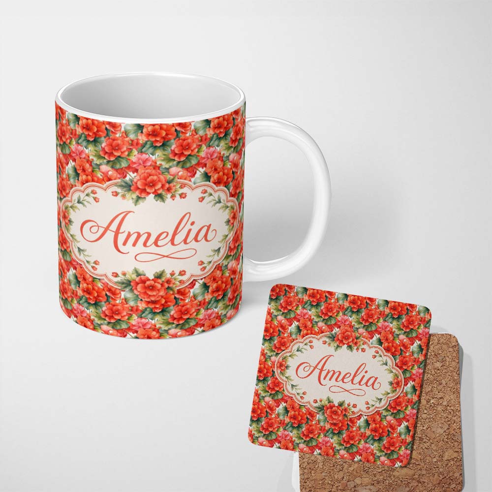 Personalized Custom Name Red Geranium Bloom Dense Floral Seamless Pattern Vintage Style Name 11oz Ceramic Coffee Tea Mug White Large Handle