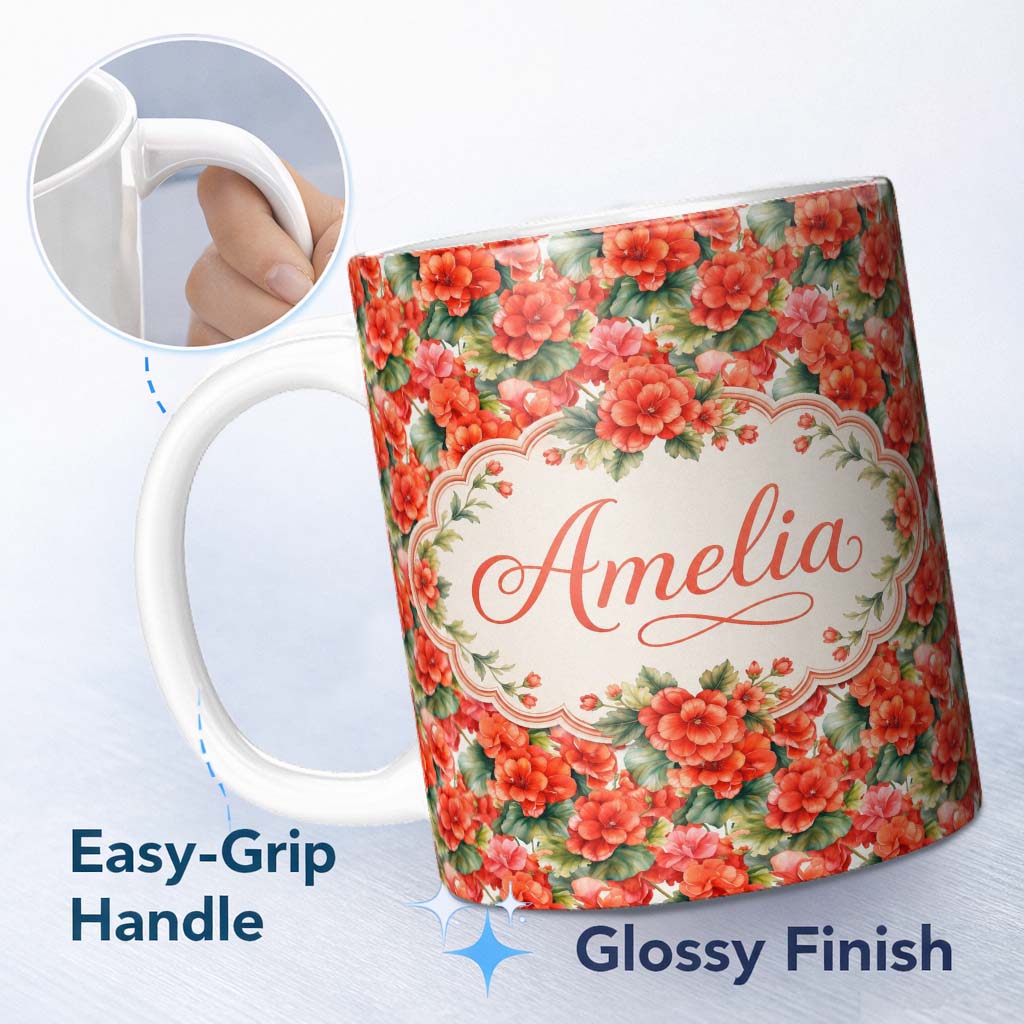 Personalized Custom Name Red Geranium Bloom Dense Floral Seamless Pattern Vintage Style Name 11oz Ceramic Coffee Tea Mug White Large Handle