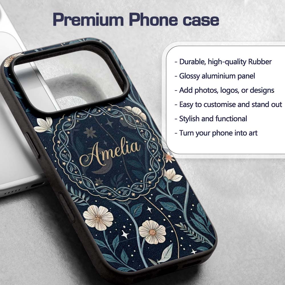Floral Moon Stars Night Sky Botanical Garden Custom Name Protective Phone Case Mobile Cover Durable Everyday Smartphone Shock Resistant