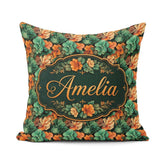 Custom Name Autumn Leaves Orange Seamless Pattern Dark Botanical Square Filled Cushion Throw Pillow Sofa Bed Home Decor Zip Washable UK Made