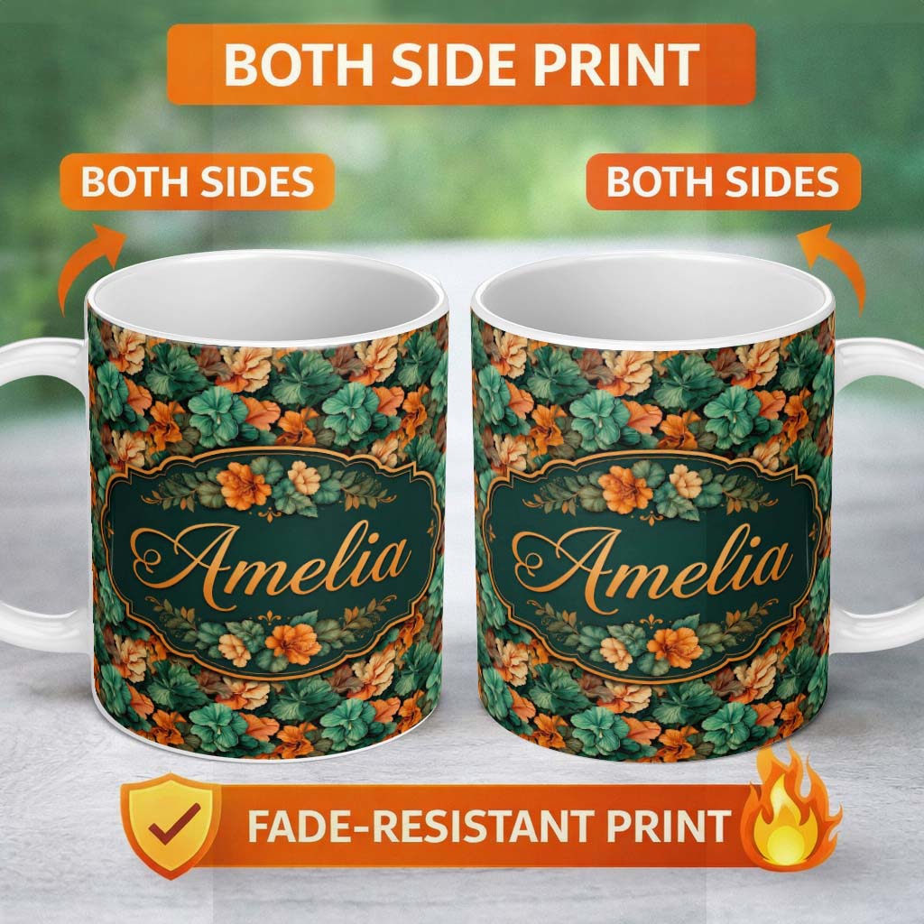 Personalized Custom Name Autumn Leaves and Orange Floral Seamless Pattern Dark Botanical 11oz Ceramic Coffee Tea Mug White Large Handle
