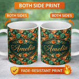 Personalized Custom Name Autumn Leaves and Orange Floral Seamless Pattern Dark Botanical 11oz Ceramic Coffee Tea Mug White Large Handle