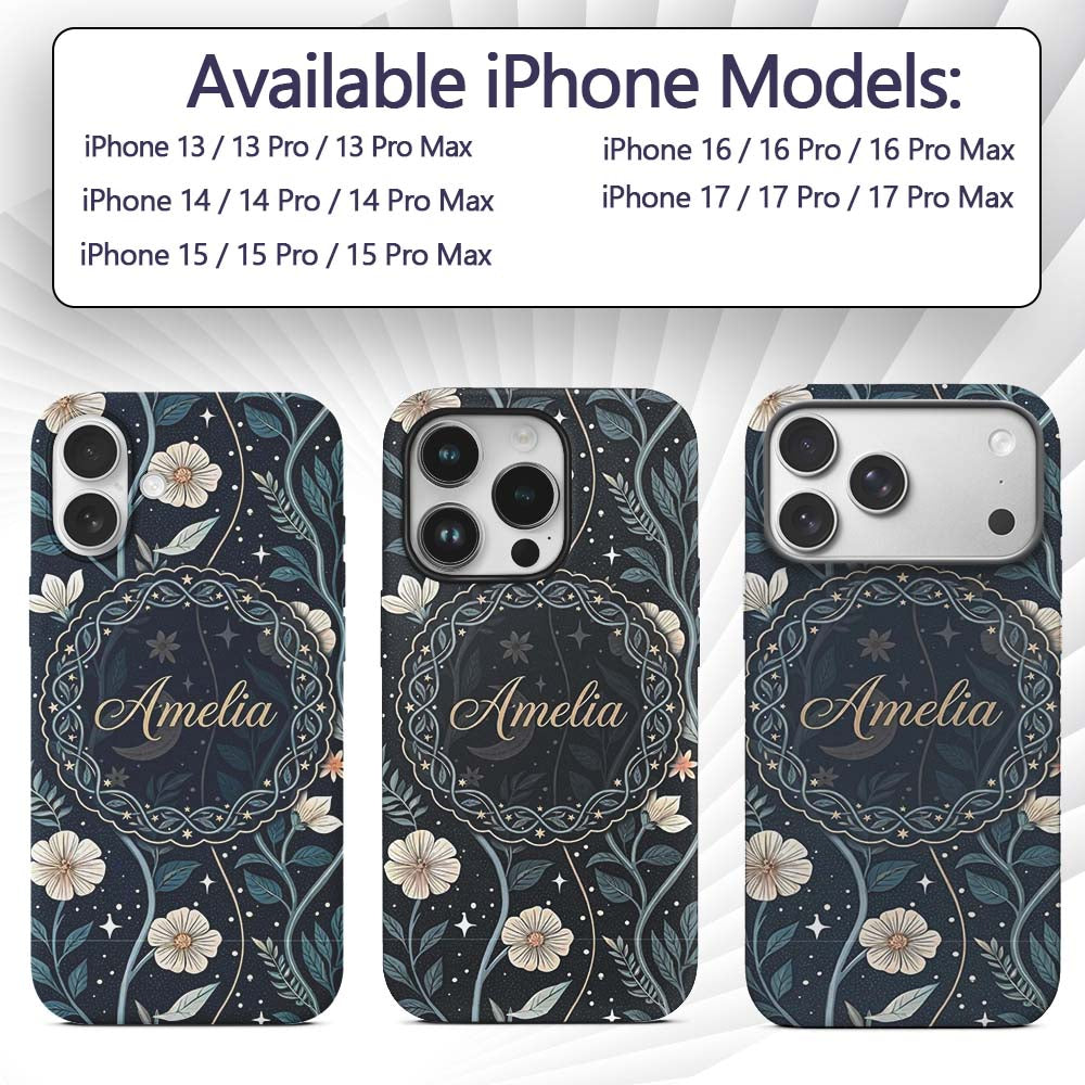 Floral Moon Stars Night Sky Botanical Garden Custom Name Protective Phone Case Mobile Cover Durable Everyday Smartphone Shock Resistant