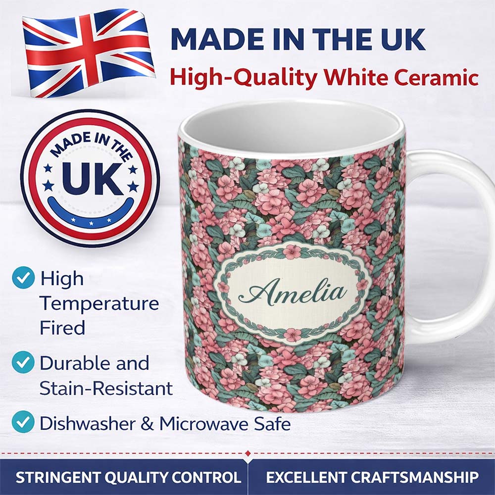 Personalized Custom Name Soft Pink and Mint Floral Garden Seamless Pattern Elegant Botanical 11oz Ceramic Coffee Tea Mug White Large Handle