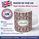 Personalized Custom Name Soft Pink and Mint Floral Garden Seamless Pattern Elegant Botanical 11oz Ceramic Coffee Tea Mug White Large Handle