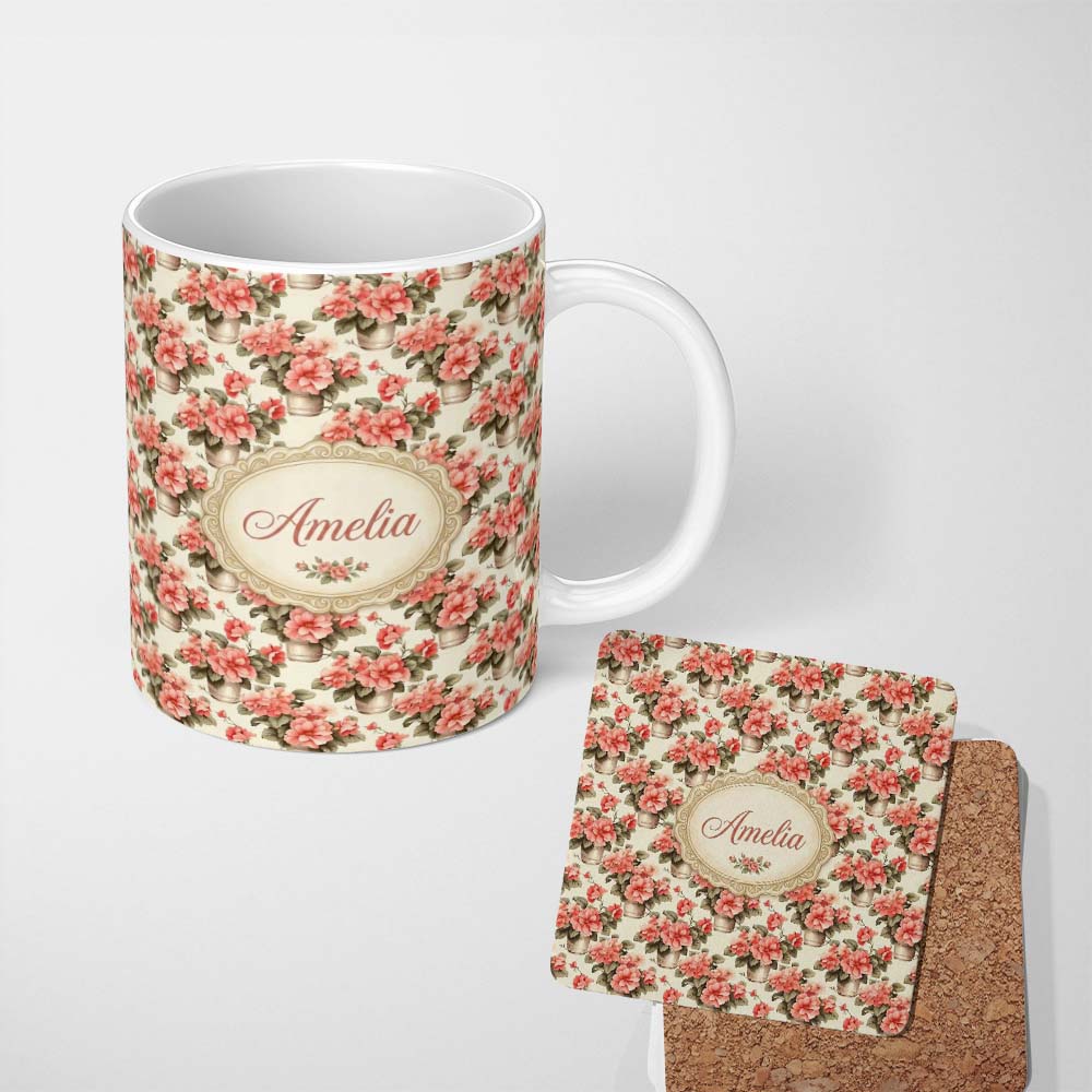 Personalized Custom Name Potted Pink Flowers Vintage Arrangement Seamless Pattern Classic 11oz Ceramic Coffee Tea Mug White Large Handle