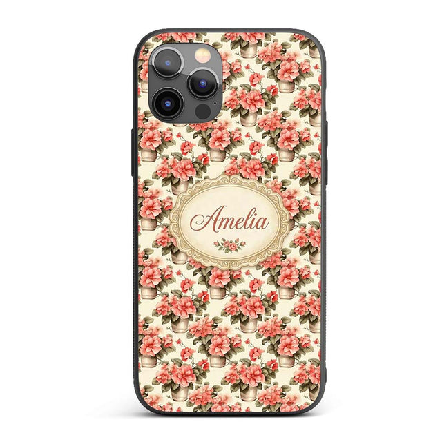 Potted Pink Flowers Vintage Arrangement Seamless Custom Name Protective Phone Case Mobile Cover Durable Everyday Smartphone Shock Resistant