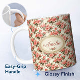 Personalized Custom Name Potted Pink Flowers Vintage Arrangement Seamless Pattern Classic 11oz Ceramic Coffee Tea Mug White Large Handle