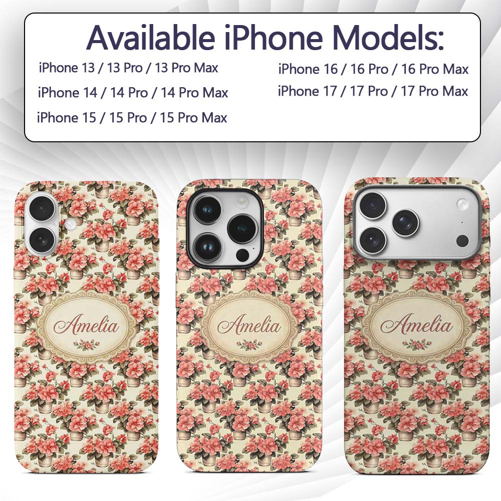 Potted Pink Flowers Vintage Arrangement Seamless Custom Name Protective Phone Case Mobile Cover Durable Everyday Smartphone Shock Resistant