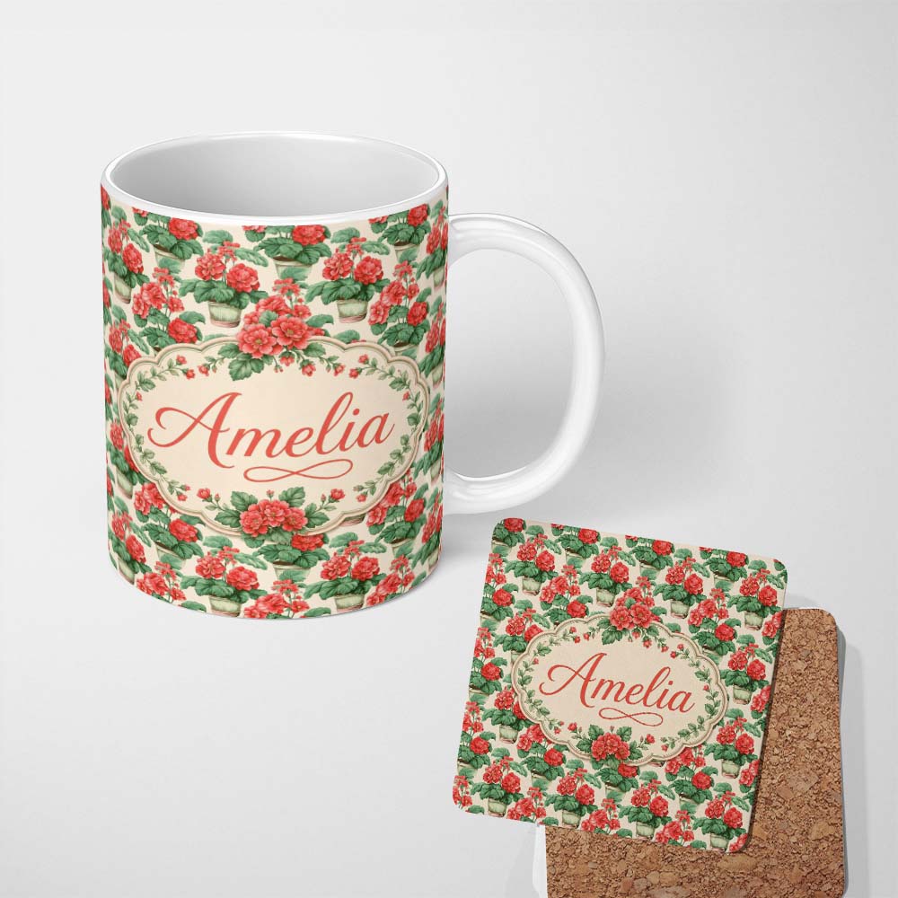 Personalized Custom Name Red Geranium Potted Plant Seamless Pattern Botanical Garden Style 11oz Ceramic Coffee Tea Mug White Large Handle