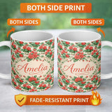 Personalized Custom Name Red Geranium Potted Plant Seamless Pattern Botanical Garden Style 11oz Ceramic Coffee Tea Mug White Large Handle