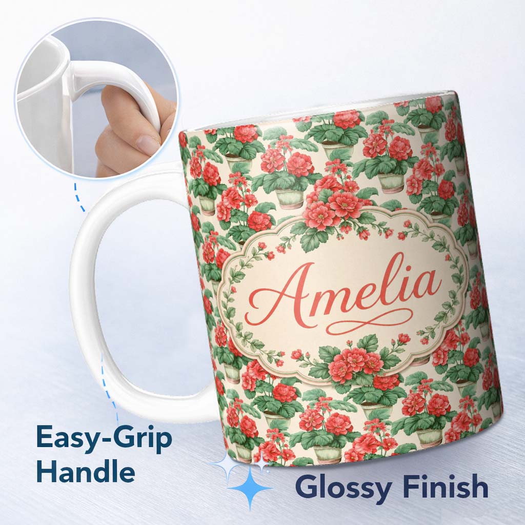 Personalized Custom Name Red Geranium Potted Plant Seamless Pattern Botanical Garden Style 11oz Ceramic Coffee Tea Mug White Large Handle