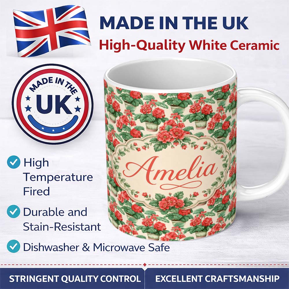 Personalized Custom Name Red Geranium Potted Plant Seamless Pattern Botanical Garden Style 11oz Ceramic Coffee Tea Mug White Large Handle