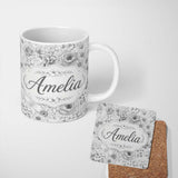 Personalized Custom Name Elegant Monochrome Floral Bouquet Pattern with Roses Peonies and 11oz Ceramic Coffee Tea Mug White Large Handle