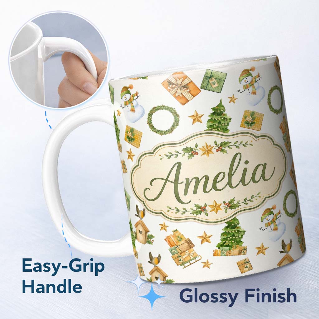 Personalized Custom Name Cute Snowman Gifts Christmas Tree Wreath Robin Seamless Pattern 11oz Ceramic Coffee Tea Mug White Large Handle