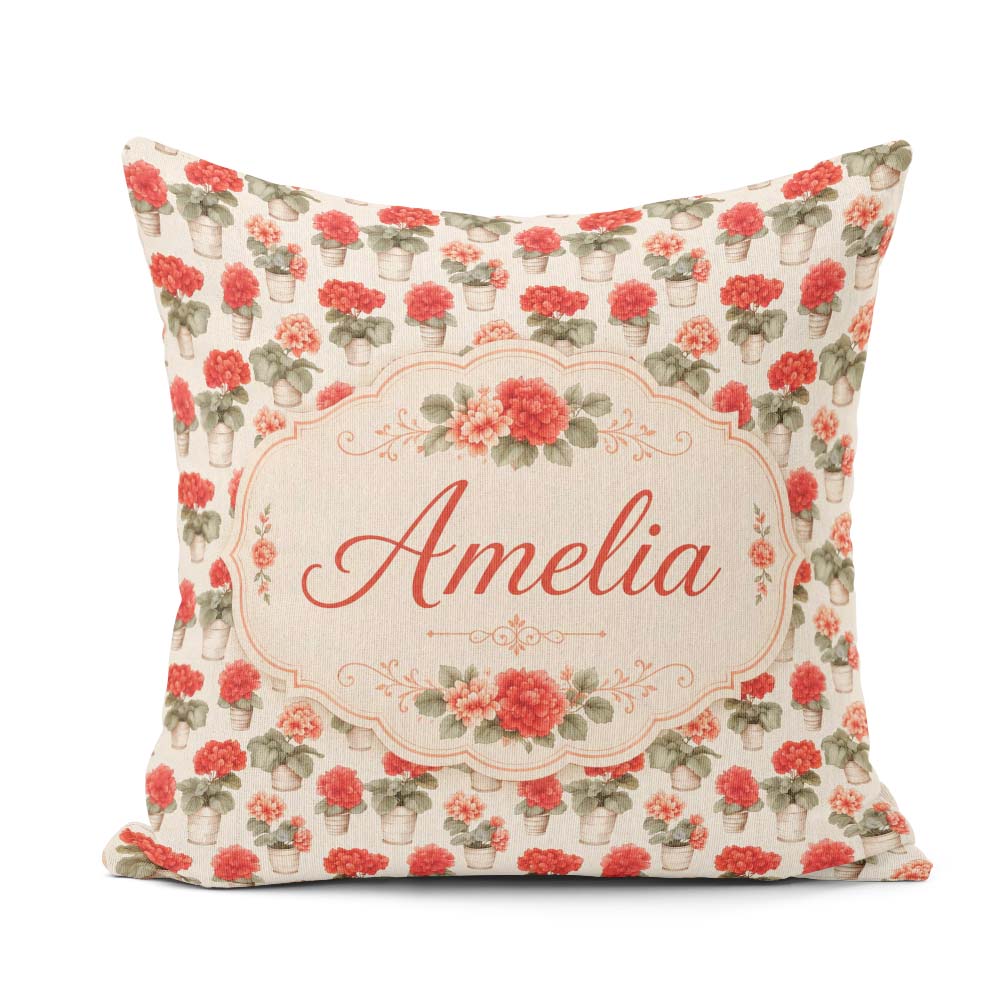 Custom Name Small Potted Coral Flowers Repeating Pattern Minimal Square Filled Cushion Throw Pillow Sofa Bed Home Decor Zip Washable UK Made