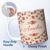 Personalized Custom Name Small Potted Coral Flowers Repeating Pattern Minimal Botanical Name 11oz Ceramic Coffee Tea Mug White Large Handle