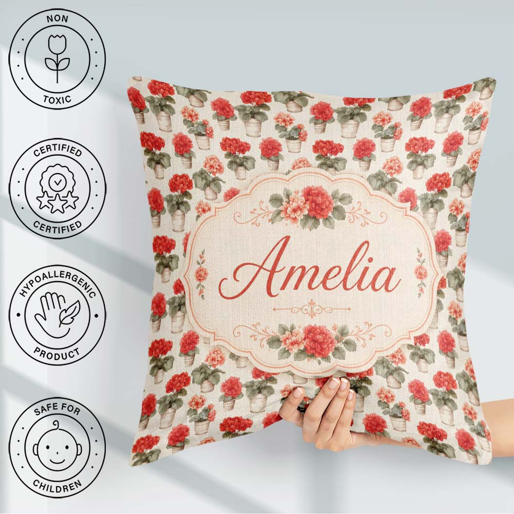 Custom Name Small Potted Coral Flowers Repeating Pattern Minimal Square Filled Cushion Throw Pillow Sofa Bed Home Decor Zip Washable UK Made